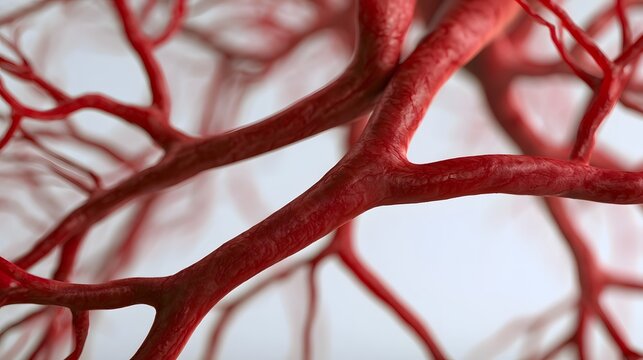 Close up view of branching red blood vessels with texture and depth of field against a soft white background