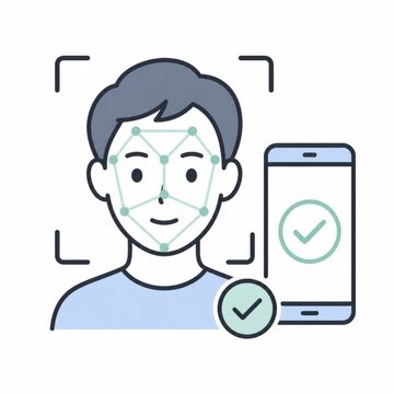 Man face scanned by a facial recognition mesh next to a verified smartphone, biometric authentication and identity verification concept illustration
