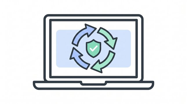 Laptop computer screen showing a security shield surrounded by rotating update arrows, software security update and system protection concept illustration