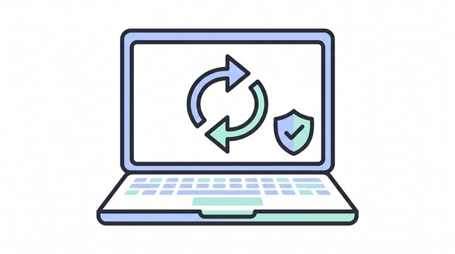 Open laptop displaying sync arrows and a security shield with a check mark, software update and computer protection concept, flat vector icon illustration
