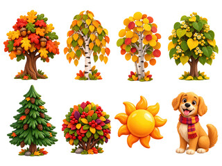 Fototapeta premium Collection of stylized autumn trees, a pine, a bush, a sun, and a dog