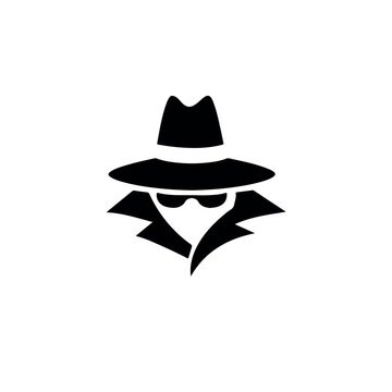 Spy icon with fedora hat and trench coat, mysterious detective silhouette vector graphic