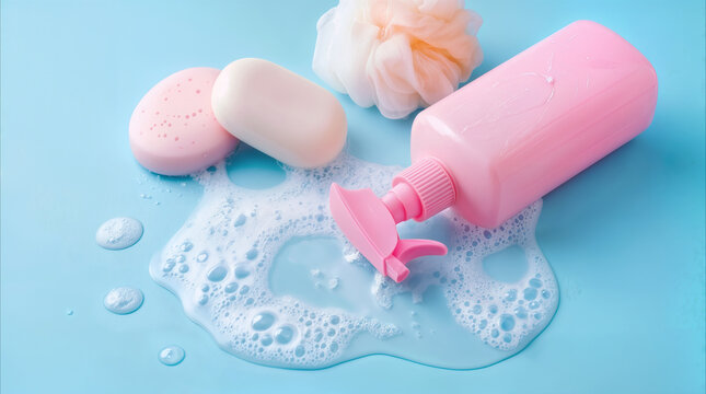 Bath products including pink soap dispenser and bars of soap on blue background. Personal hygiene items with white foam and bath sponge for skincare routine.