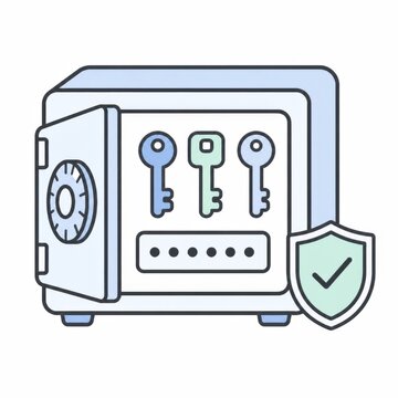 Open metal safe vault holding keys and a password field with a verified shield, secure password storage and credential vault concept illustration