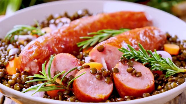 grilled sausages with lentils and fresh rosemary, traditional dish
