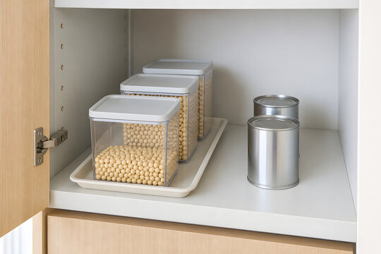 First in first out pantry organization with dry bean containers in a Japanese kitchen