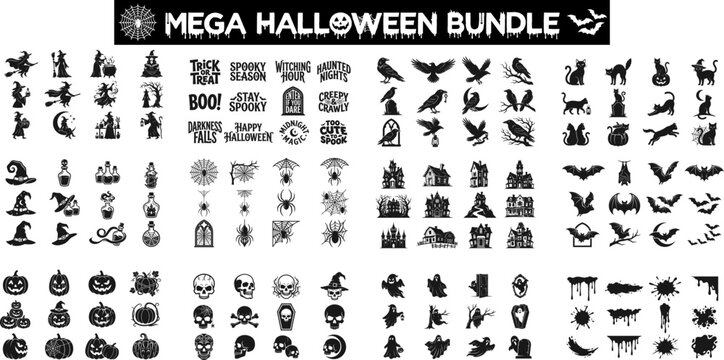 A comprehensive mega halloween bundle featuring a vast collection of spooky black silhouette icons for seasonal holiday design projects