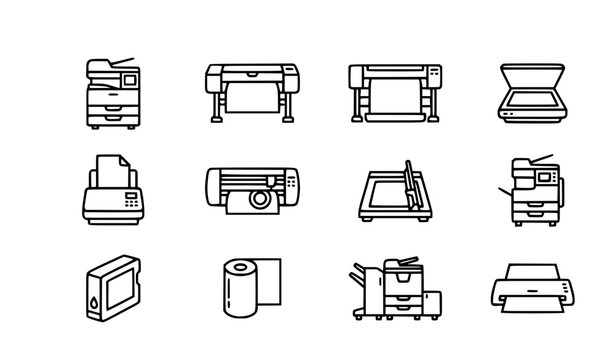 Professional print shop machine line icon set with printer plotter scanner cutting binding laminating and paper tools