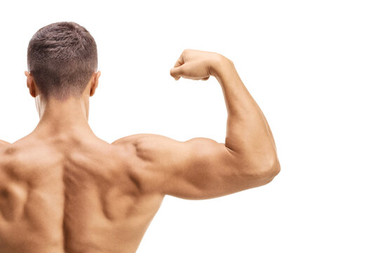 Rear view shot of a topless man flexing muscles