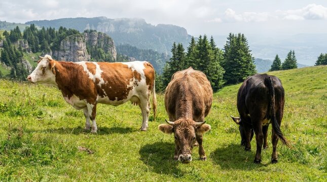 Three cows grazing peacefully in a lush green mountain meadow on a sunny day.