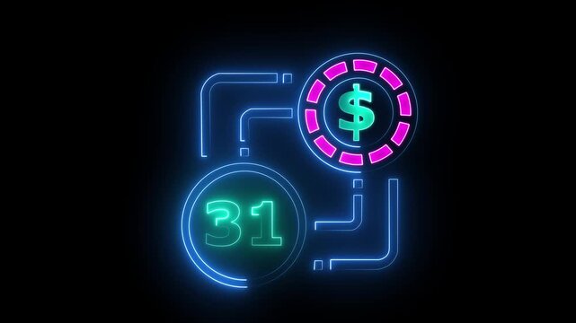 31 dollar sign text vibrant neon green on black background, financial wealth and currency concept. Neon check mark with payment successful. Confirmation, money transaction concept.