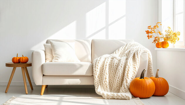 ハロウィンの装飾が施された明るいリビングルームのインテリア　白いソファに置かれたニットブランケットとカボチャの飾り　秋の季節感あふれるナチュラルな部屋　WebサイトやSNS投稿用のコピースペースがあるおしゃれな背景素材