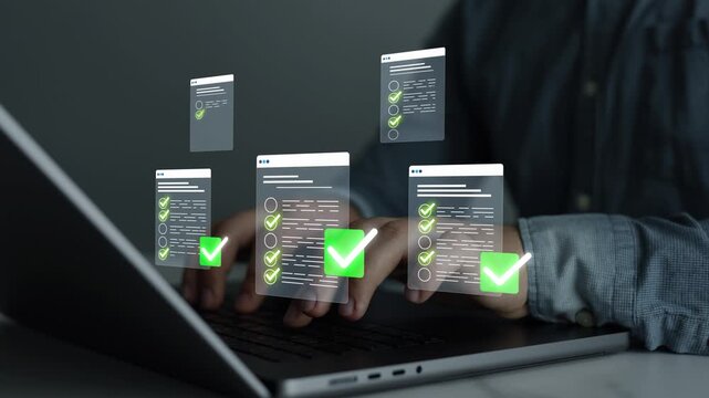 Business person checking digital documents on laptop with checklist approval icon, verification, workflow control, productivity and online document management.	
