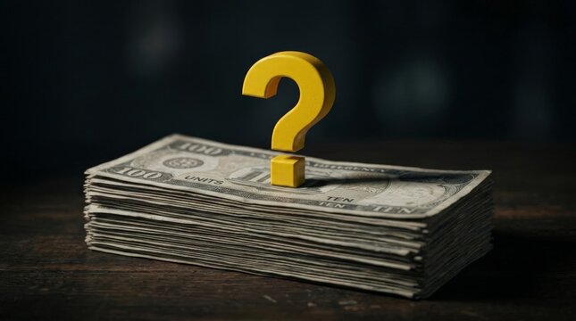 A yellow question mark sits atop a thick stack of dollar bills on a dark wooden surface, capturing the uncertainty and anxiety of a trading money loss scenario, underscoring the stack of