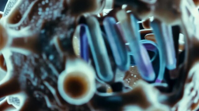 Detailed close-up of a virus structure showing surface proteins and genetic material in a microscopic environment with cellular elements in the background