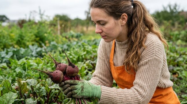 Woman farmer harvesting fresh beetroot from organic garden.