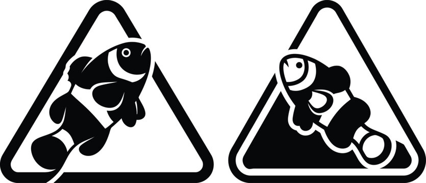 Two black and white triangular warning signs featuring a clownfish illustration