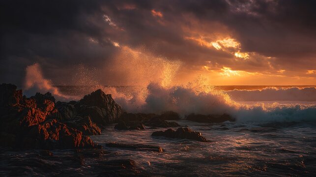 Dynamic wave forcefully crashing against jagged rocks with dramatic ocean spray at sunset