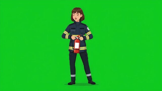 Female firefighter in uniform holding a fire extinguisher, standing on a green screen.