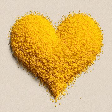 Yellow heart shape created with textured granules on a light beige background, featuring organic edges and a minimalistic design for artistic and decorative use