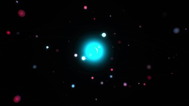 Glowing cyan star anchors orbiting multi colored exoplanets in a cosmic 3D animation, ideal as an educational background for school astronomy lessons