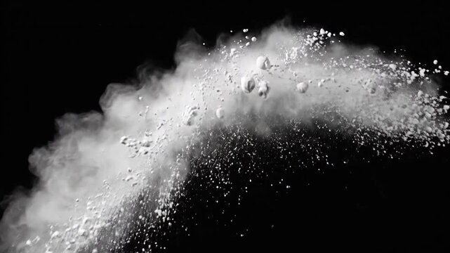 White powder explosion splashing in dynamic arc on black background