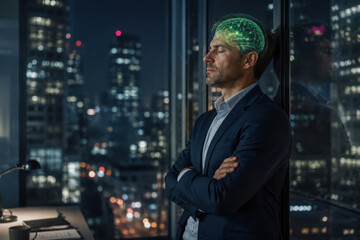 Fototapeta premium Person with Conceptual Brain Visualization During Mental Work in Night Setting