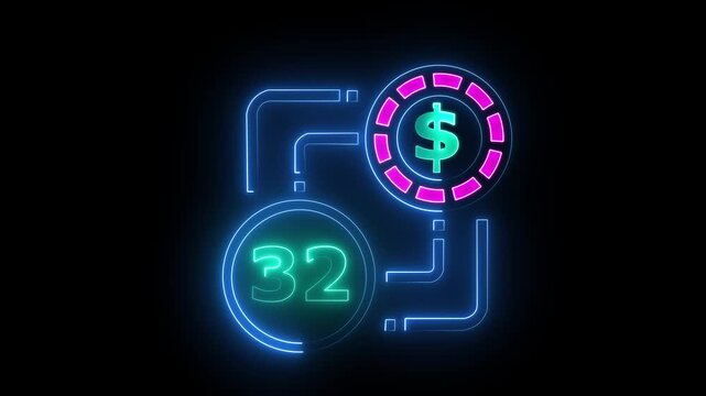 32 dollar sign text vibrant neon green on black background, financial wealth and currency concept. Neon check mark with payment successful. Confirmation, money transaction concept.