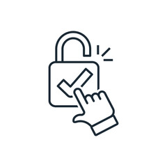 Obraz premium Fast access, easy one-click , use and apply,convenient service, efficient approval, and user-friendly processing. Vector linear icon hand cursor clicking an unlocked padlock with a checkmark.