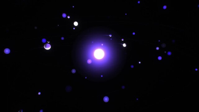 Luminous violet star with surrounding planetary orbits shines in an abstract 3D animation, providing a futuristic astronomy background for university slides