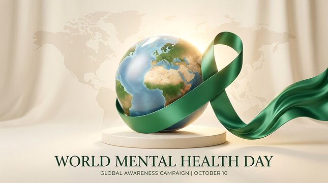 A globe shaped like an egg wrapped in a green ribbon representing world mental health day awareness
