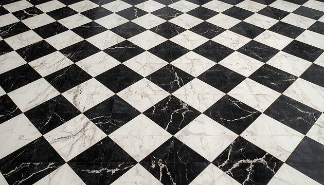 Black and White Checkered Chessboard Pattern with Square Tiles, Marble Texture and Classic Checkerboard Design for Floor, Wallpaper, Table or Decorative Background