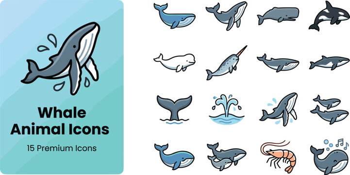 Cute cartoon whale marine animal icon set featuring humpback orca and narwhal for ocean conservation website graphic design