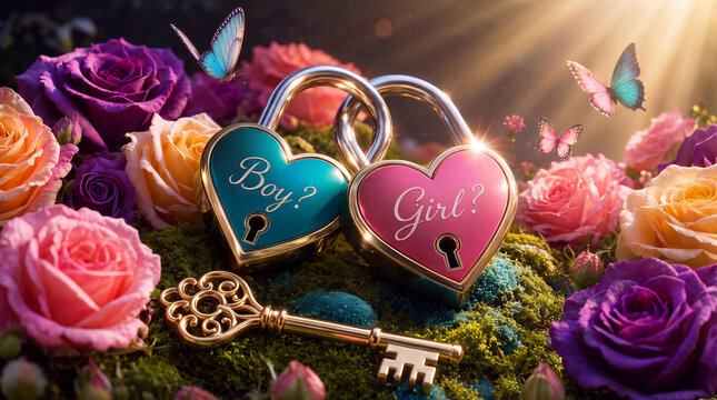 Enchanted gender reveal banner featuring teal and pink heart padlocks for boy or girl with question marks, a gold key, roses and butterflies in sunbeams