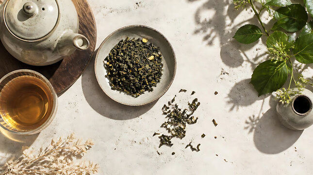 Green tea leaves served in ceramic bowl with teapot.