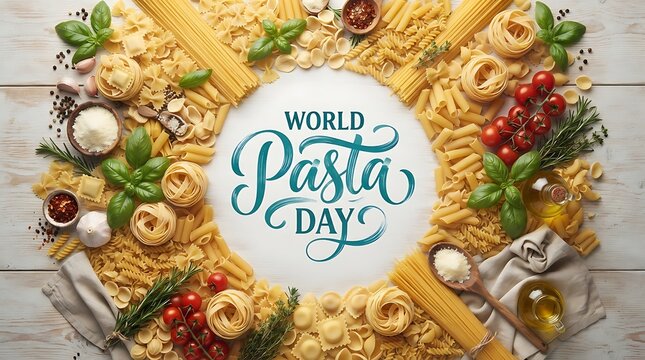 World pasta day celebration concept with various types of raw pasta, fresh basil, tomatoes, garlic, and olive oil arranged in a circular frame on wooden background