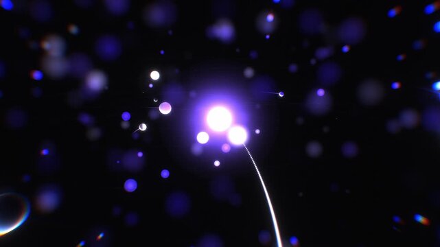 Deep space particles and planets orbit a brilliant purple sun in a 3D animation with chromatic depth, perfect for university astronomy documentary backdrops