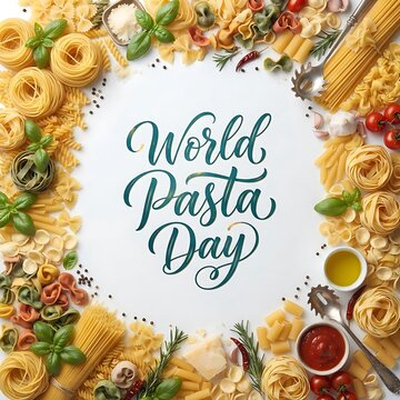 World pasta day greeting card with various types of raw pasta, fresh basil, tomatoes, garlic, and spices arranged in a circle isolated on white background