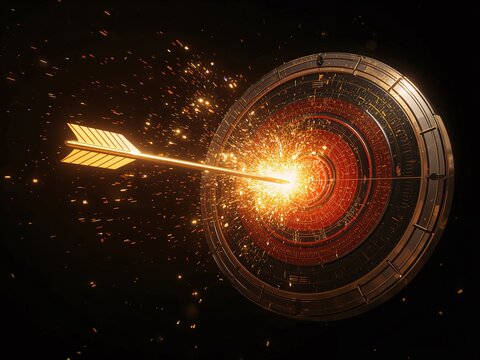 Generative AI visual depicting an arrow hitting a futuristic target with sparks
