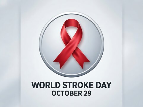 World stroke day awareness concept with a realistic red ribbon symbol on a circular badge, october 29th annual health observance for stroke prevention and education