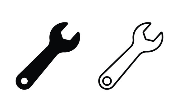 Adjustable spanner wrench vector icon silhouette and line art version with adjustable hardware equipment mechanic