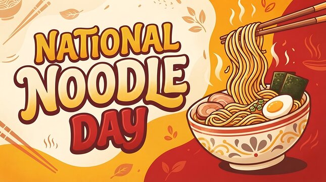 National noodle day celebratory poster with a bowl of ramen, chopsticks lifting noodles, and bold text on a vibrant orange and red background