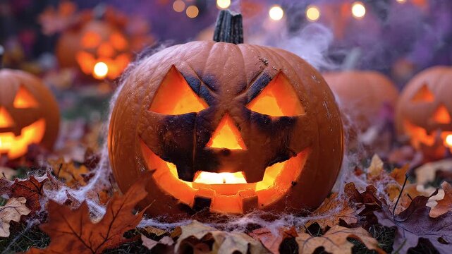 Una calabaza de Halloween tallada y encendida con humo, sobre una mesa con hojas secas, durante una fiesta nocturna con disfraces y luces.