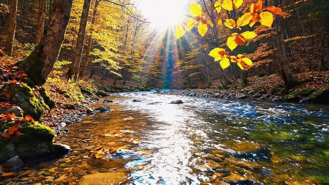 R&iacute;o cristalino en un frondoso bosque de oto&ntilde;o, iluminado por c&aacute;lidos rayos de sol entre hojas doradas y rojizas.