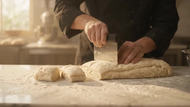 Close-up of a baker's hands expertly cutting fresh bread dough into portions on a floured marble countertop in a sunlit kitchen.