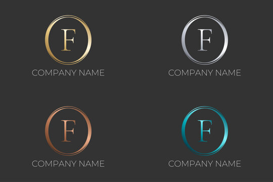 Luxury monogram letter F logo design template with metallic gold and silver colors