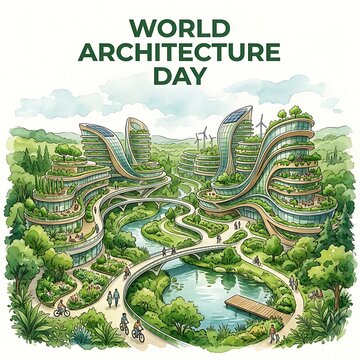 World architecture day concept featuring sustainable futuristic ecofriendly buildings with lush greenery, vertical gardens, and renewable energy in a park
