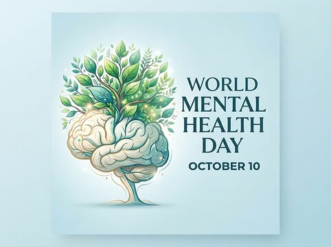 World mental health day concept with a human brain growing into a vibrant tree with green leaves, symbolizing mental growth, wellness, and psychological health