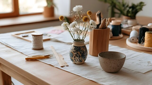 A wooden table set with craft supplies  dried flowers in a ceramic vase  and a speckled bowl under soft natural light