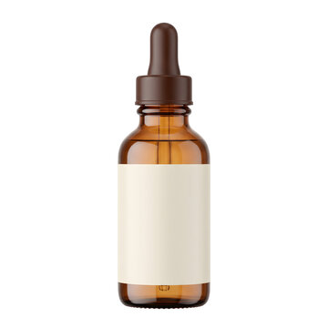 Amber glass dropper bottle mockup with blank beige label